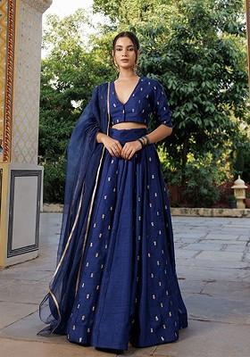Blue Emboridered Blended Lehenga Choli