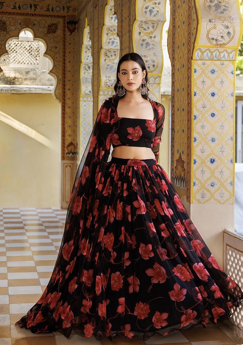Black Printed Blended Lehenga Choli - Indya