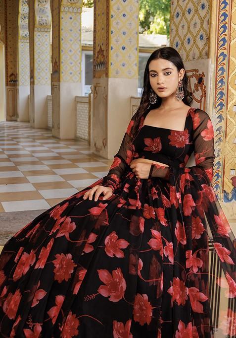 Black Printed Blended Lehenga Choli