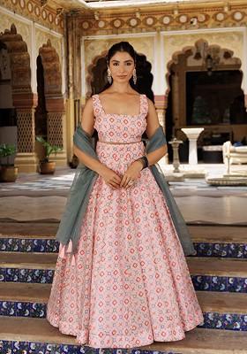 Pink Printed Blended Lehenga Choli