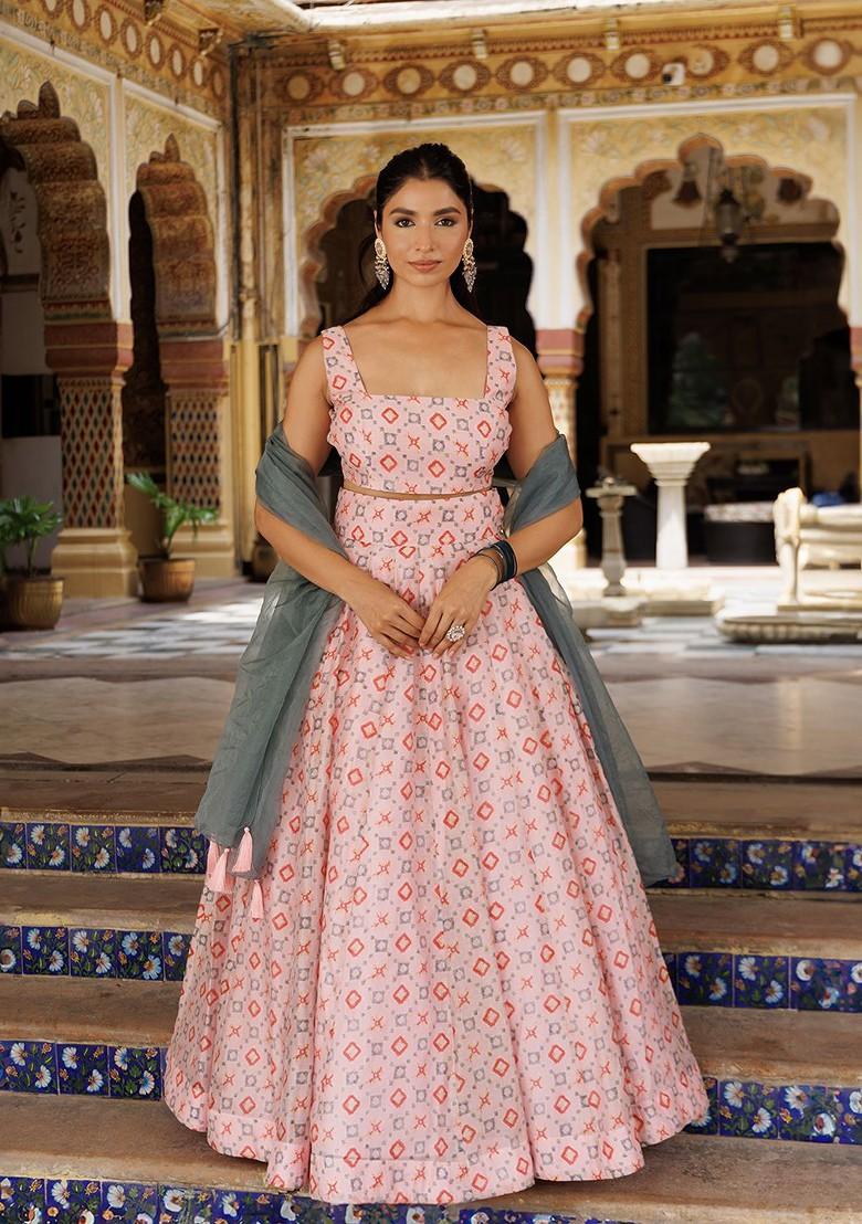 Pink Printed Blended Lehenga Choli