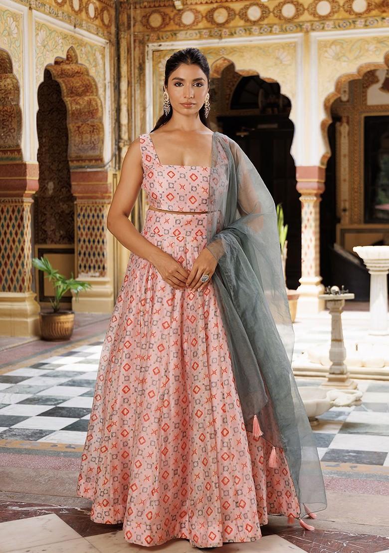 Pink Printed Blended Lehenga Choli