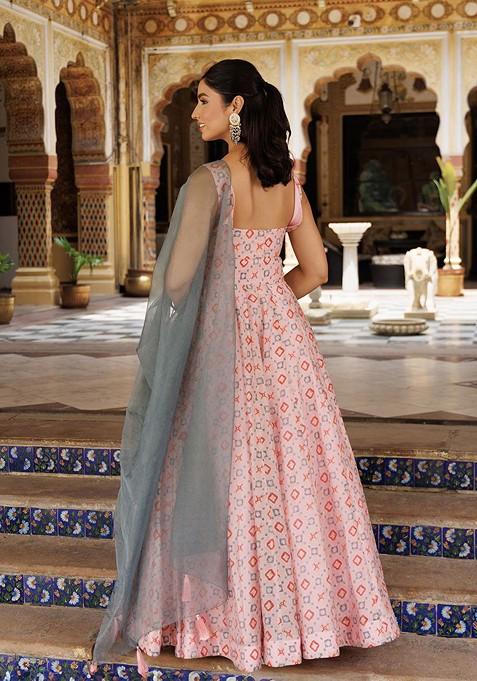 Pink Printed Blended Lehenga Choli