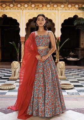 Red Printed Blended Lehenga Choli