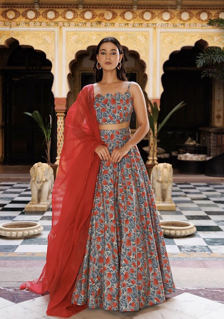 Red Printed Blended Lehenga Choli