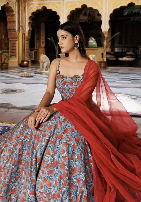 Red Printed Blended Lehenga Choli