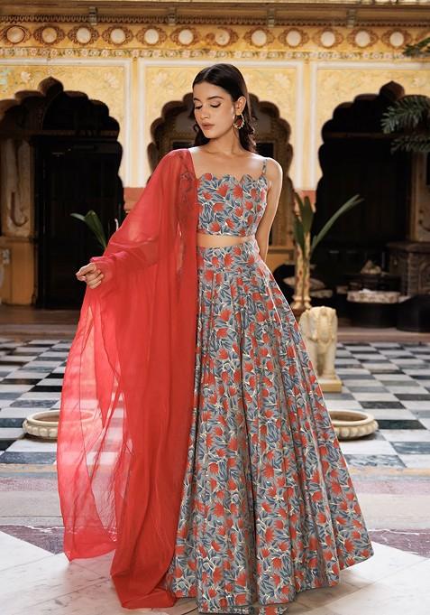 Red Printed Blended Lehenga Choli