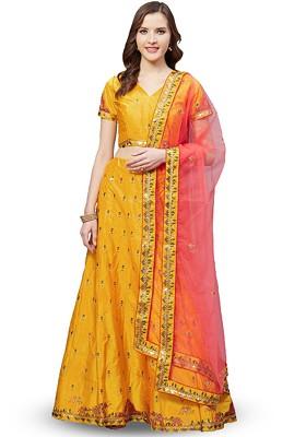 Mustard Emboridered Blended Lehenga Choli