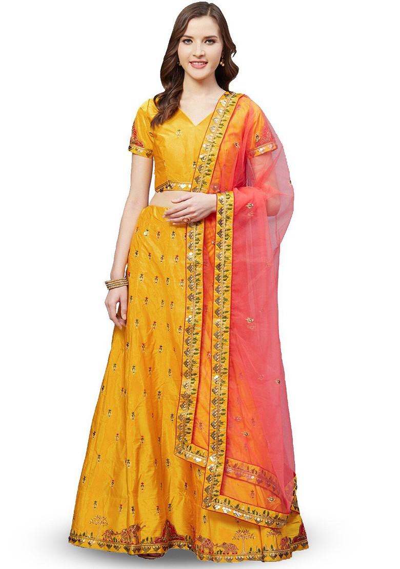 Mustard Emboridered Blended Lehenga Choli - Indya