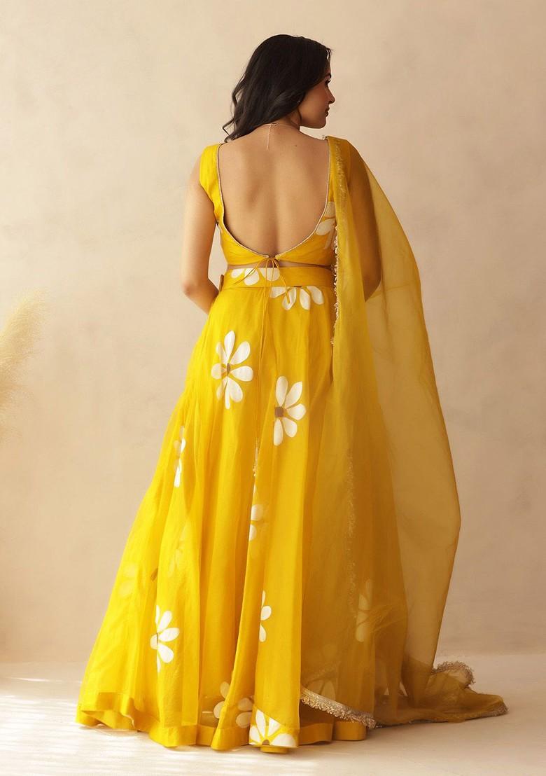 Yellow Printed Blended Lehenga Choli - Indya