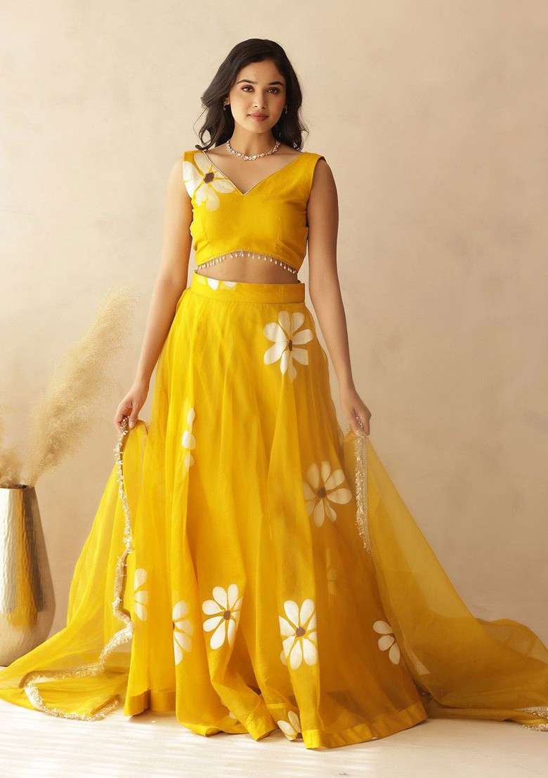 Yellow Printed Blended Lehenga Choli - Indya