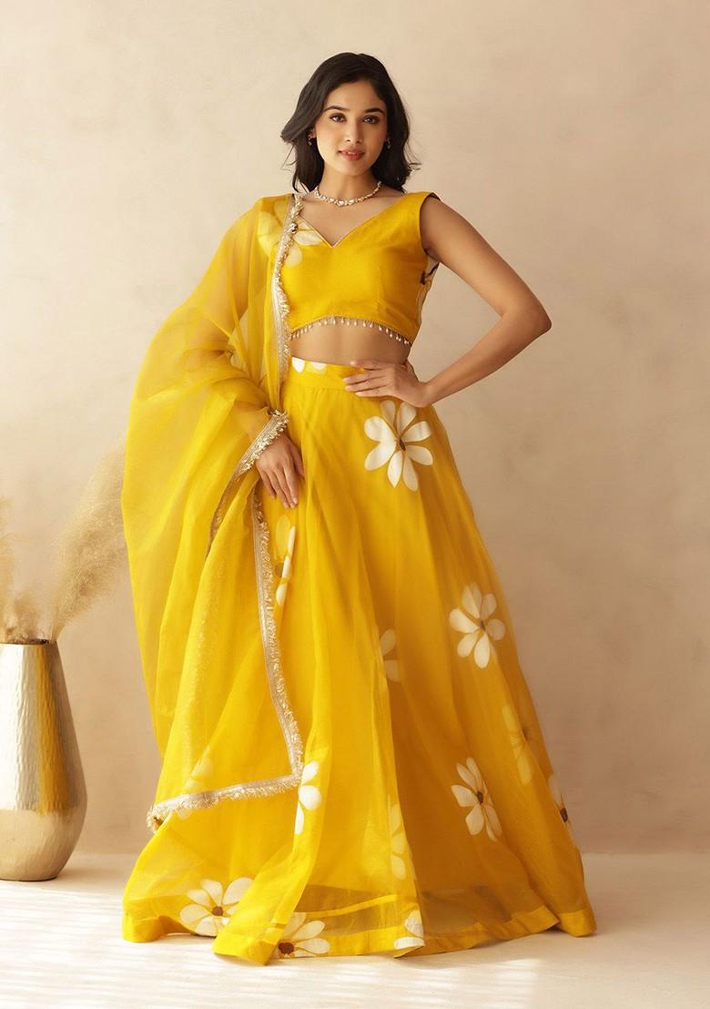 Yellow Printed Blended Lehenga Choli - Indya