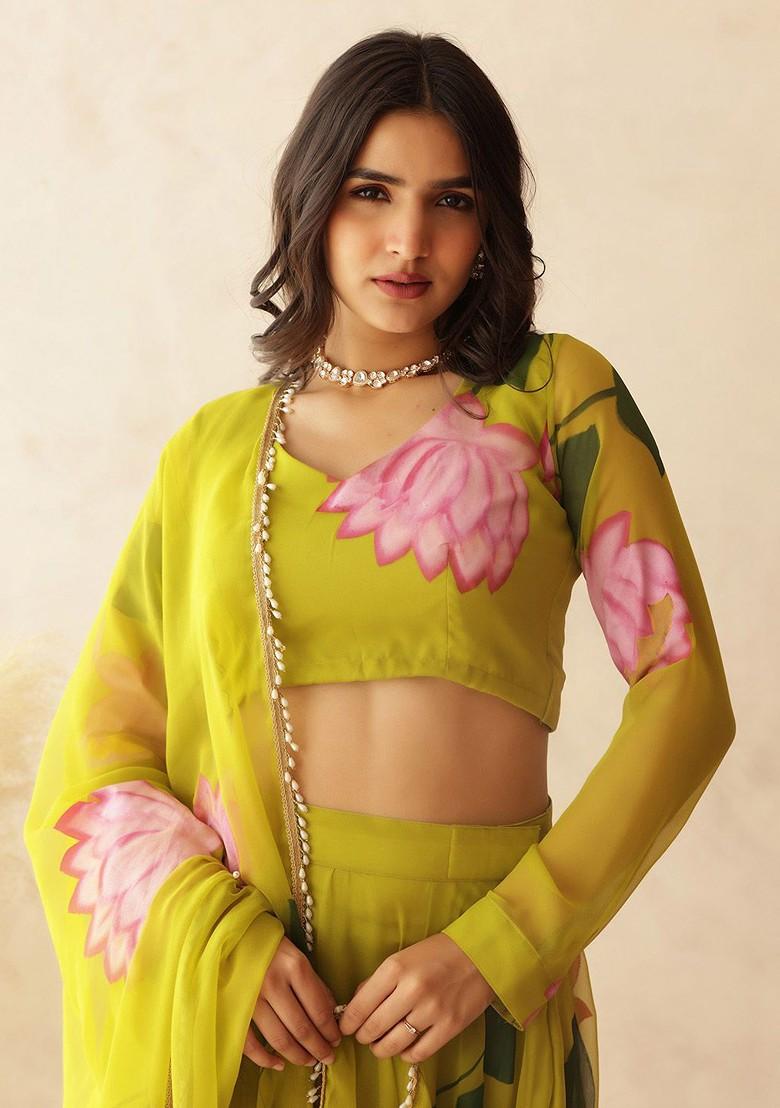 Green Printed Blended Lehenga Choli - Indya