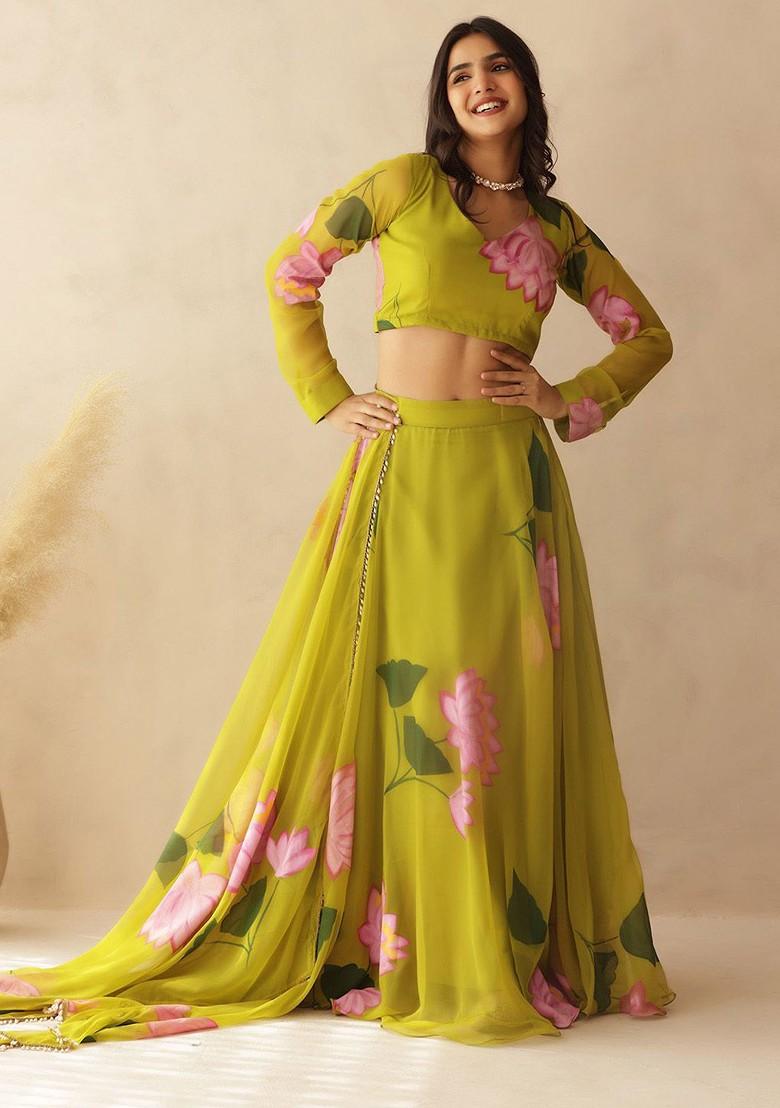 Green Printed Blended Lehenga Choli