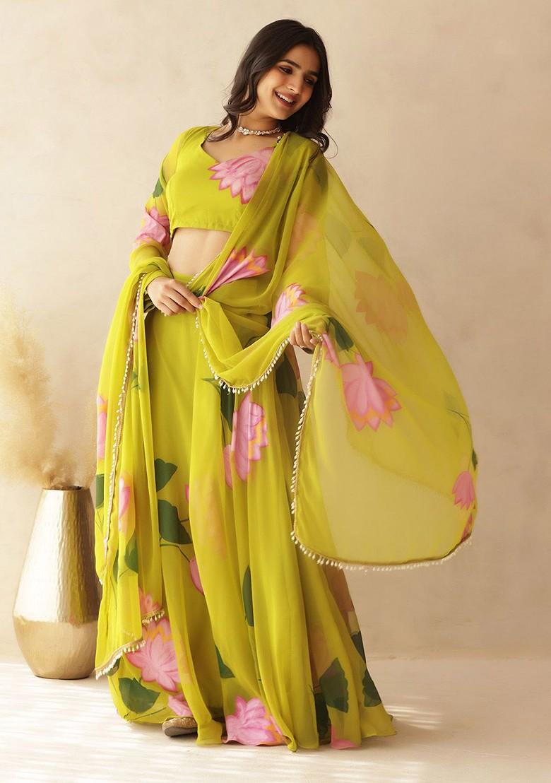 Green Printed Blended Lehenga Choli - Indya