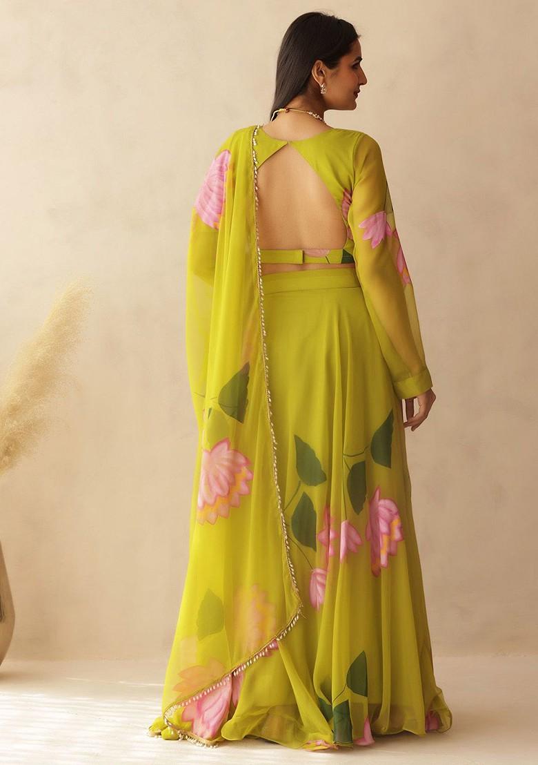 Green Printed Blended Lehenga Choli