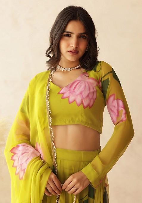 Green Printed Blended Lehenga Choli