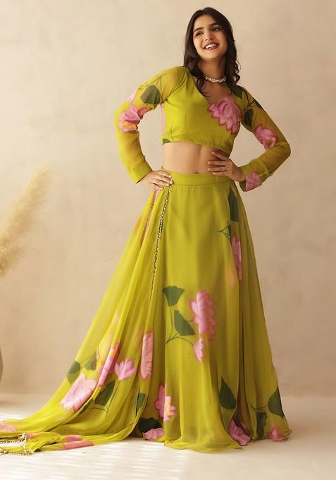 Green Printed Blended Lehenga Choli