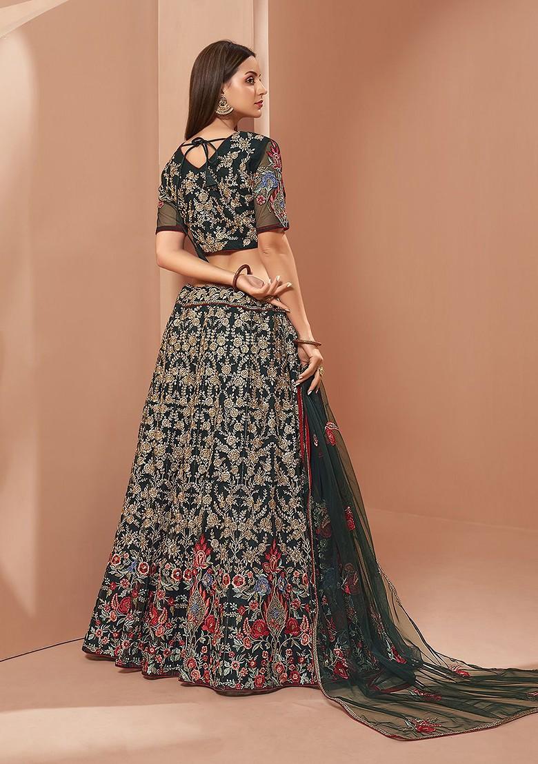 Green Emboridered Blended Lehenga Choli - Indya