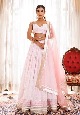 Pink Printed Blended Lehenga Choli