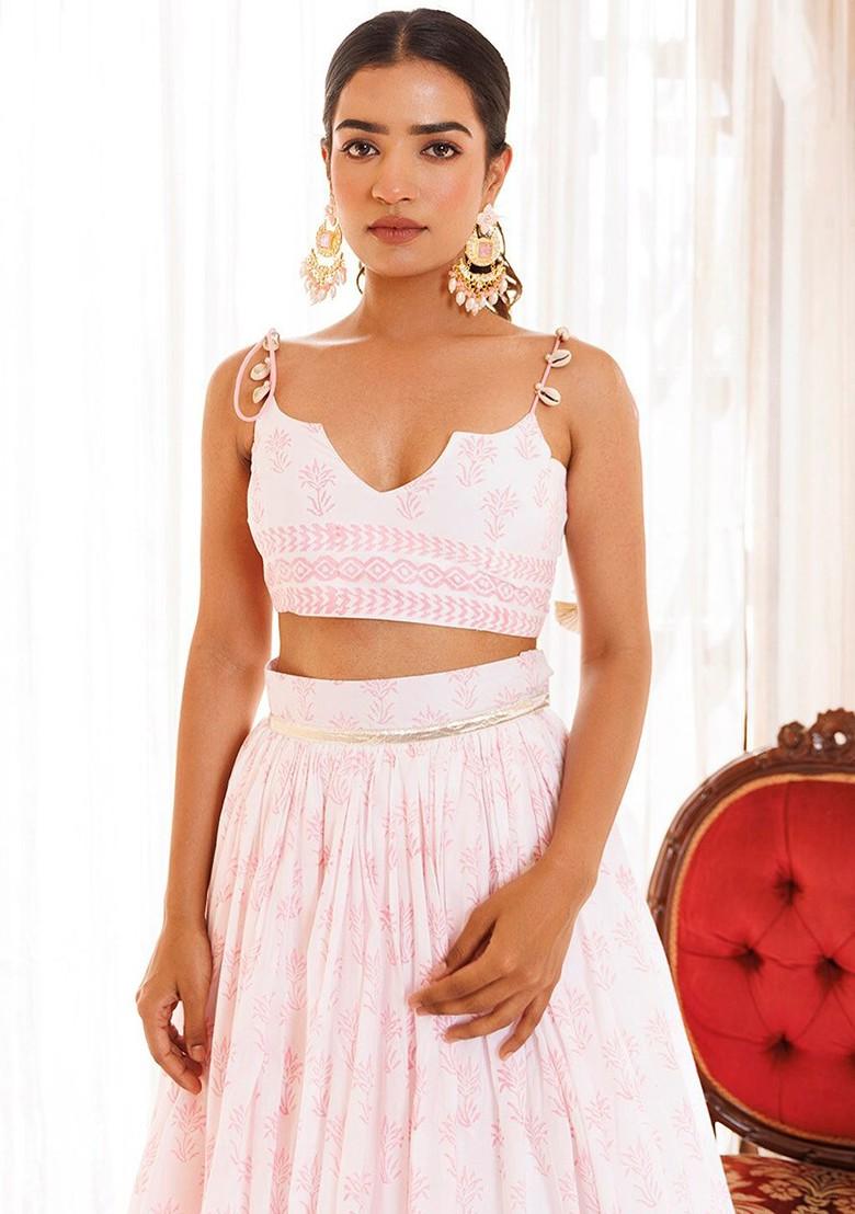 Pink Printed Blended Lehenga Choli