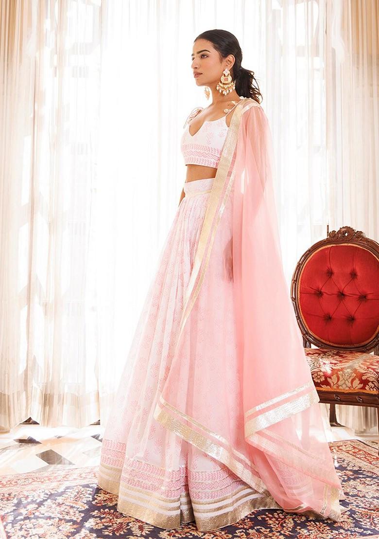 Pink Printed Blended Lehenga Choli