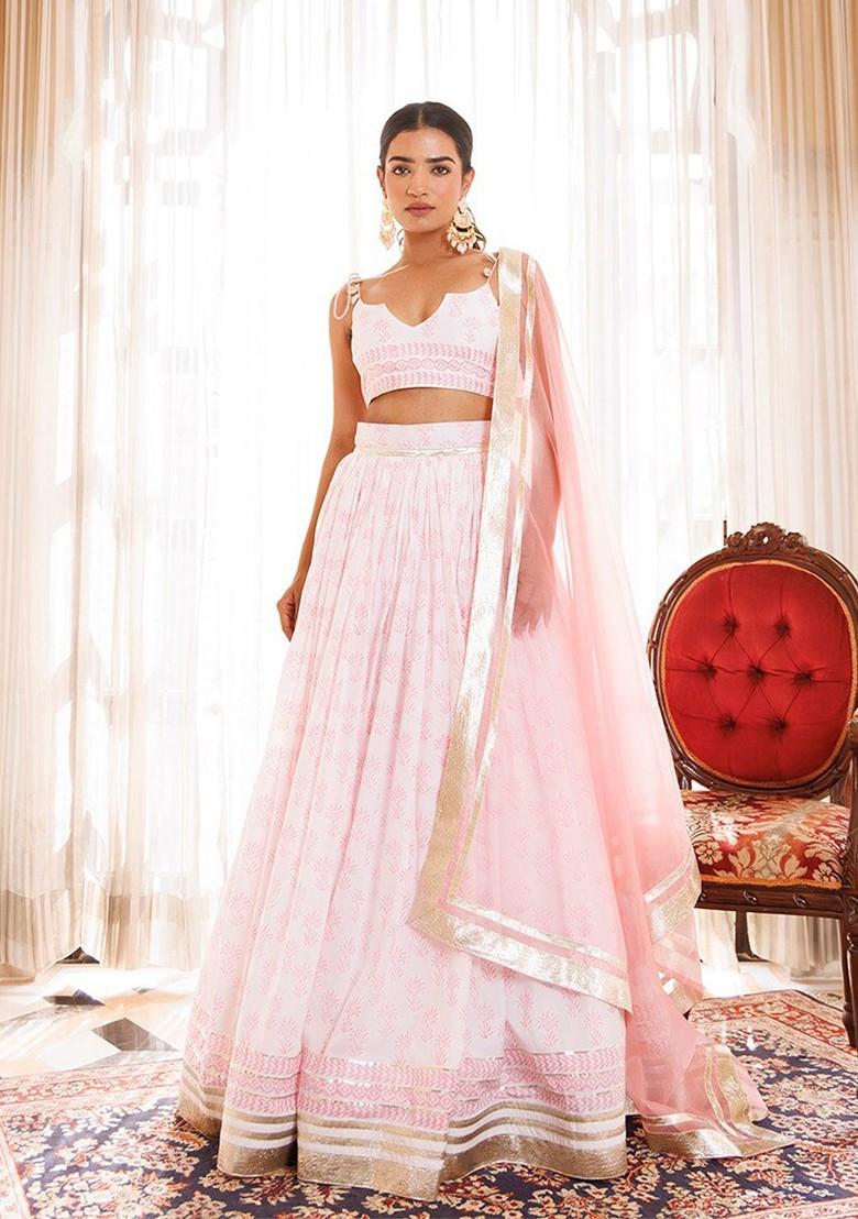 Pink Printed Blended Lehenga Choli
