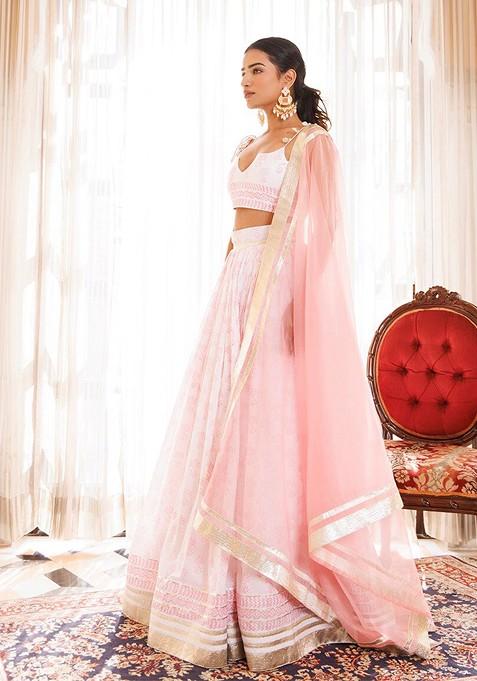 Pink Printed Blended Lehenga Choli