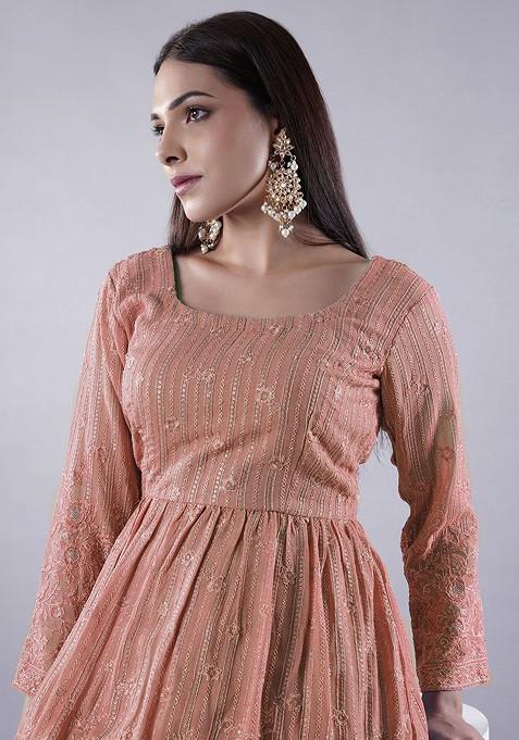 Peach Emboridered Blended Lehenga Choli