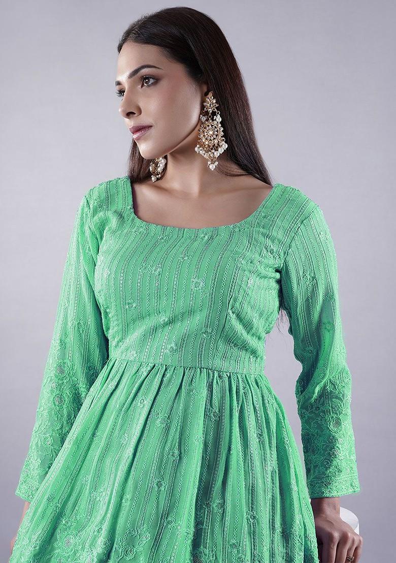 Green Emboridered Blended Lehenga Choli - Indya