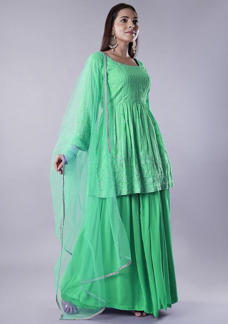 Green Emboridered Blended Lehenga Choli - Indya