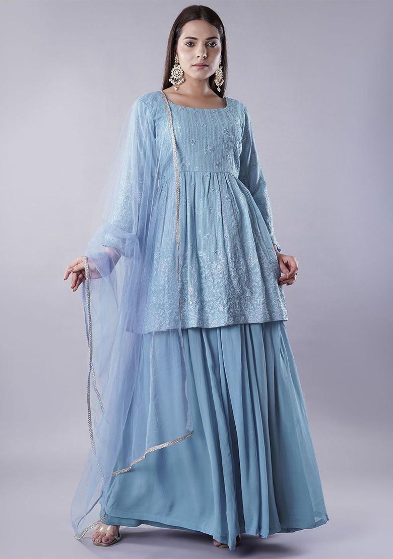 Blue Emboridered Blended Lehenga Choli