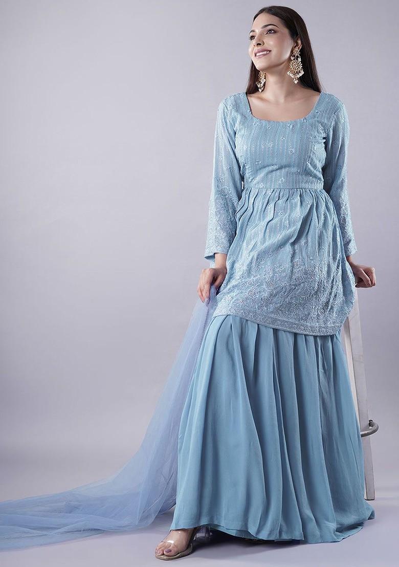Blue Emboridered Blended Lehenga Choli