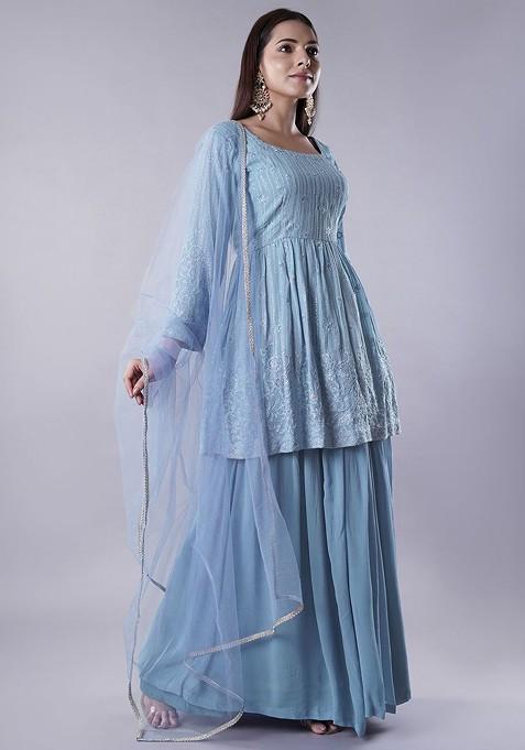 Blue Emboridered Blended Lehenga Choli