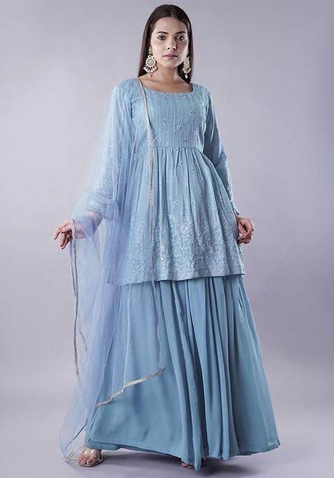 Blue Emboridered Blended Lehenga Choli