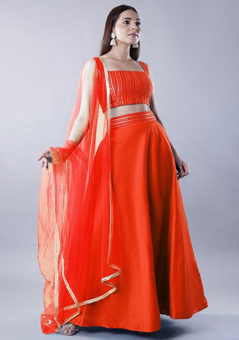 Orange Emboridered Blended Lehenga Choli