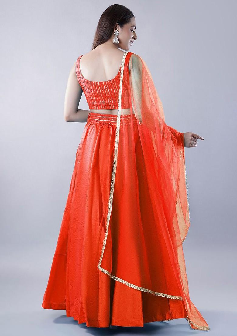 Orange Emboridered Blended Lehenga Choli - Indya