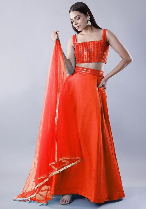 Orange Emboridered Blended Lehenga Choli