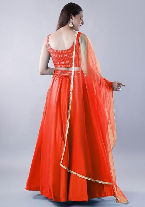 Orange Emboridered Blended Lehenga Choli