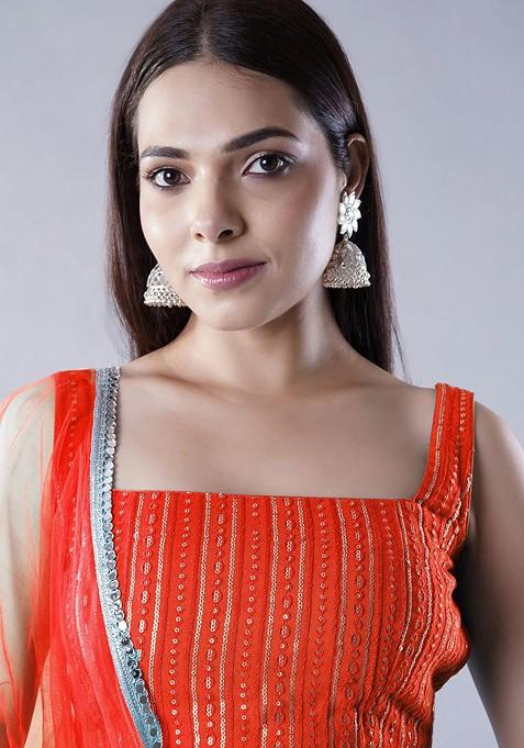 Orange Emboridered Blended Lehenga Choli