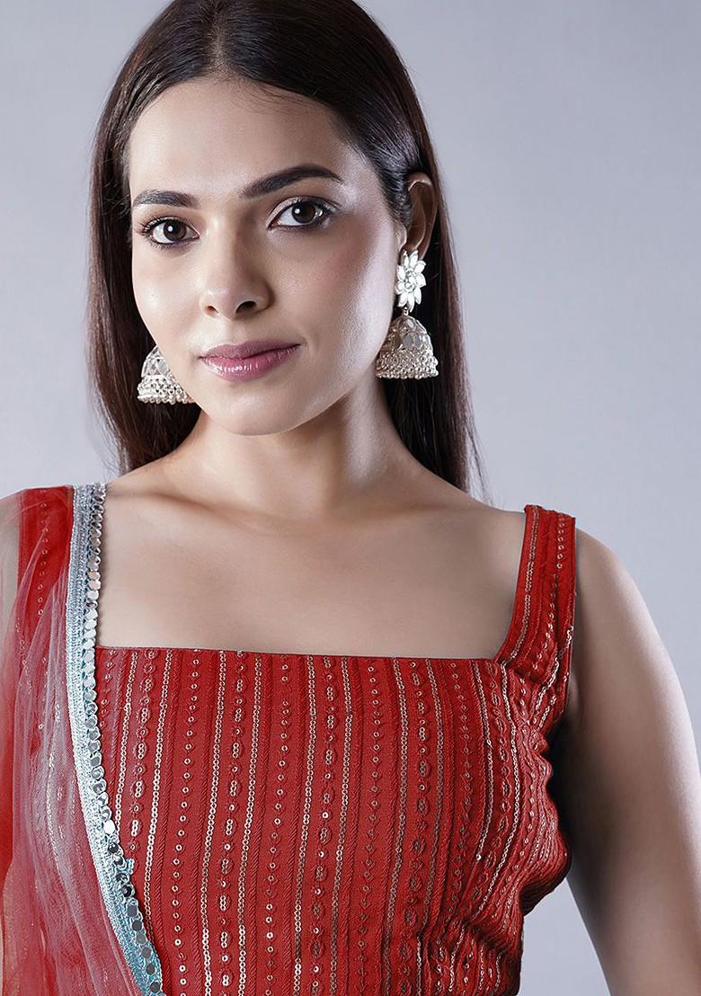 Red Emboridered Blended Lehenga Choli - Indya