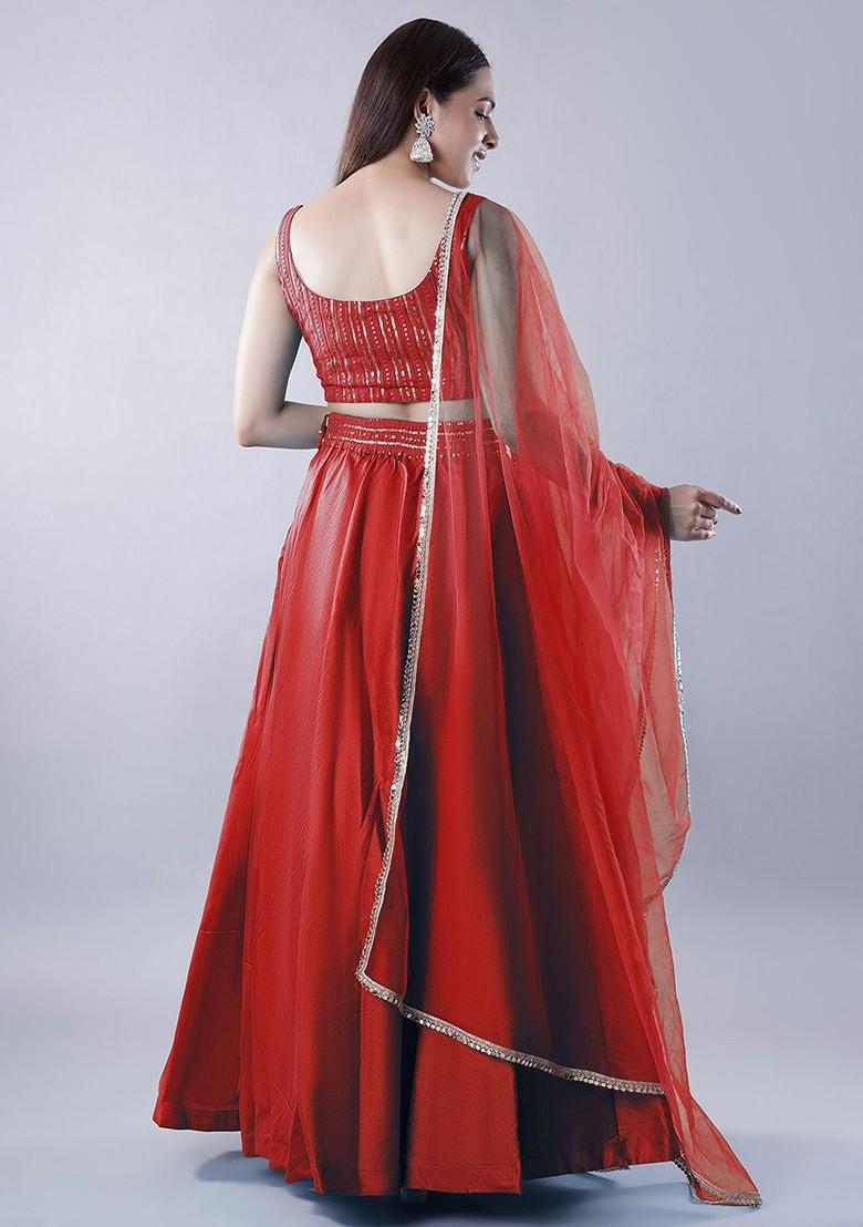 Red Emboridered Blended Lehenga Choli - Indya