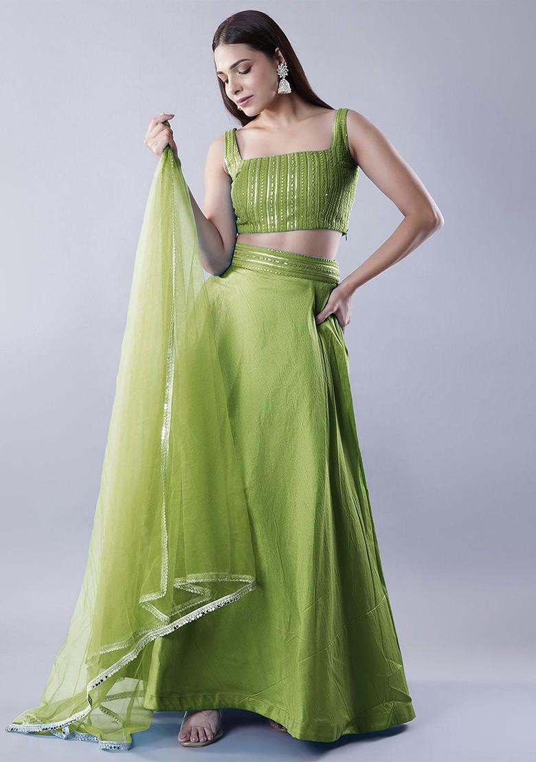 Green Emboridered Blended Lehenga Choli - Indya