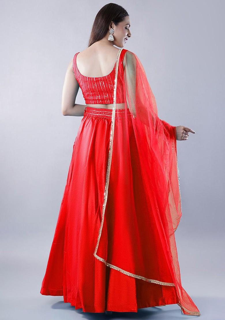 Red Emboridered Blended Lehenga Choli - Indya