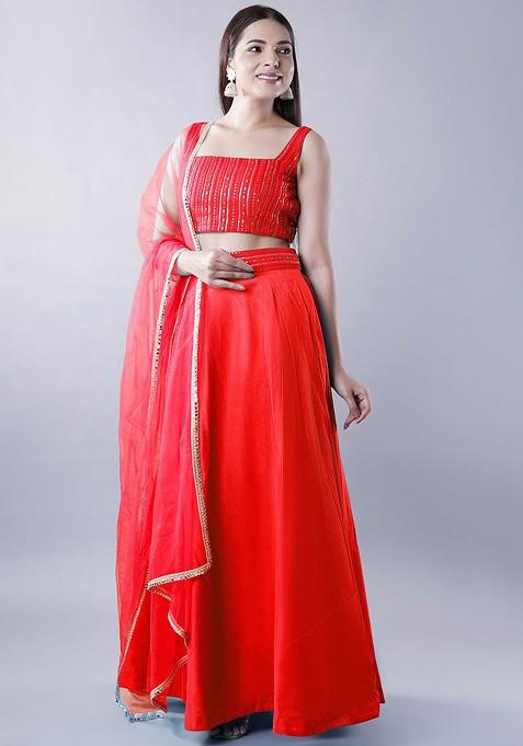 Red Emboridered Blended Lehenga Choli
