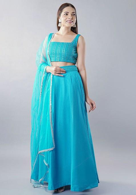 Blue Embellished Blended Lehenga Choli