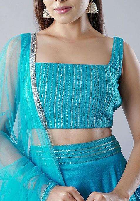 Blue Embellished Blended Lehenga Choli