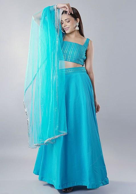 Blue Embellished Blended Lehenga Choli