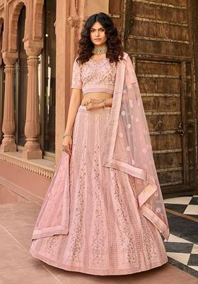 Pink Emboridered Blended Lehenga Choli