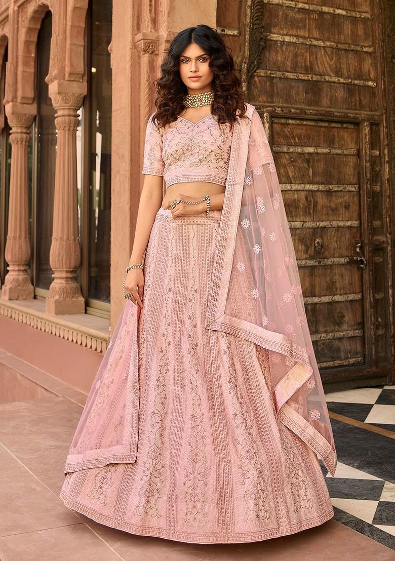 Pink Emboridered Blended Lehenga Choli - Indya